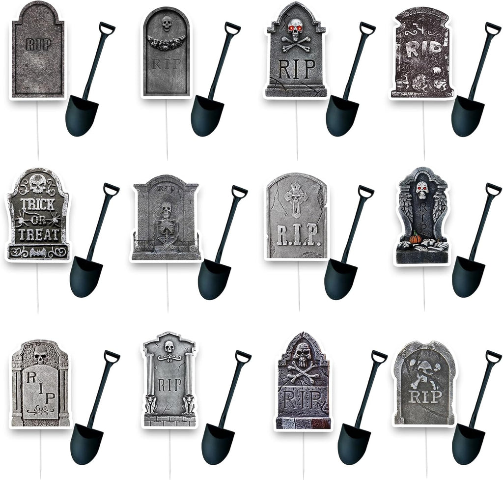 Halloween Cupcake Toppers, 48 PCS Tombstones Graveyard Cupcake Toppers with Mini Shovel Spoons for Halloween Party Decorations, Horror Birthday Decorations, Nightmare Before Christmas Cake Topper