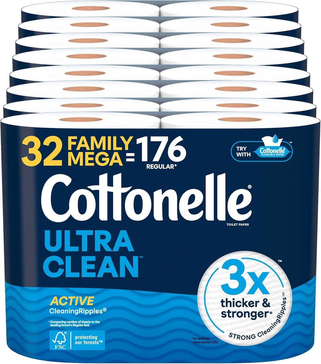 Cottonelle Ultra Clean Toilet Paper with Active CleaningRipples Texture, Strong Bath Tissue, 32 Family Mega = 176 Regular Rolls (8 Packs of 4), 1-Ply, White