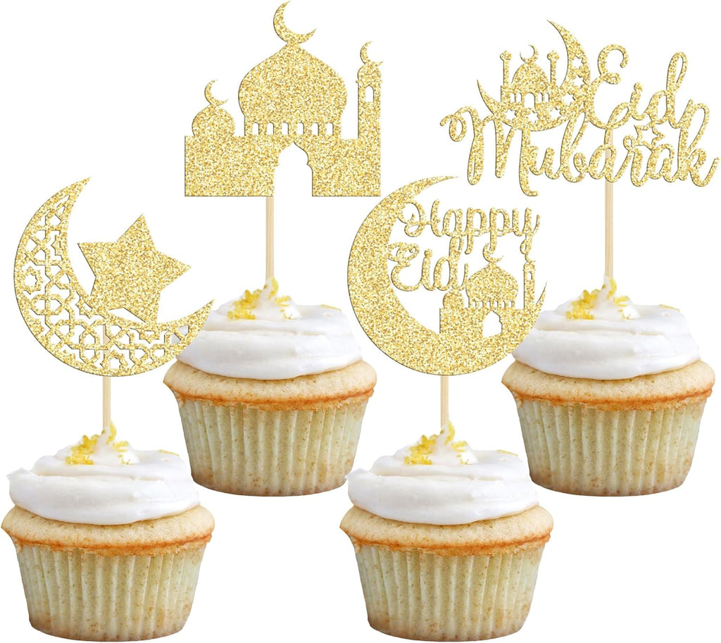 24 Pack Eid Mubarak Cupcake Toppers Gold Glitter Moon Star Happy Eid Cupcake Picks for Islamic Muslim Mubarak Festival Ramadam Kareem Party Cake Decorations Supplies