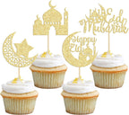 24 Pack Eid Mubarak Cupcake Toppers Gold Glitter Moon Star Happy Eid Cupcake Picks for Islamic Muslim Mubarak Festival Ramadam Kareem Party Cake Decorations Supplies