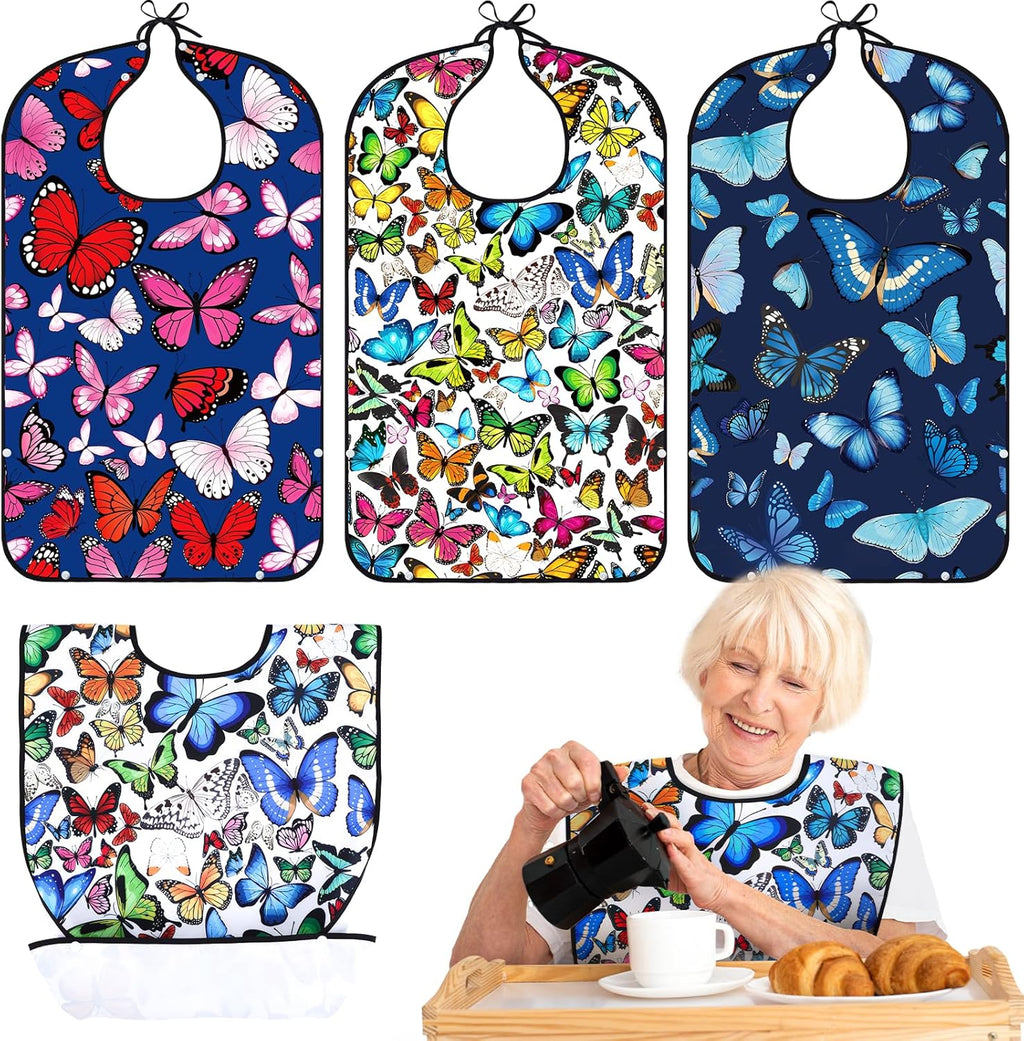 XKDOUS 3 Pack Waterproof Adult Bibs for Men & Women, Reusable Dining Clothing Protector with Optional Crumb Catcher Pocket, Machine Washable Eating Bib for Elderly, Gifts for Mom/Dad