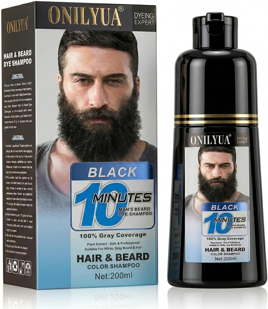 Mens Beard & Mustache Dye Shampoo, Instant 100% Grey Hair Coverage, 3 in 1 Black Beard Color Shampoo for Men Facial Hair, Easy to Use & Dermatologist Tested, 200ML