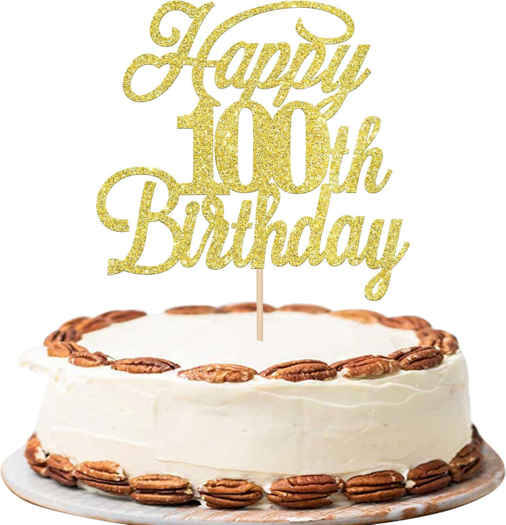 Rsstarxi 1 Pack Happy 100th Birthday Cake Topper Glitter 100 & Fabulous Cheers to 100 Years Old Birthday Cake Pick for Celebrating 100th Birthday Anniversary Party Cake Decorations Supplies Gold