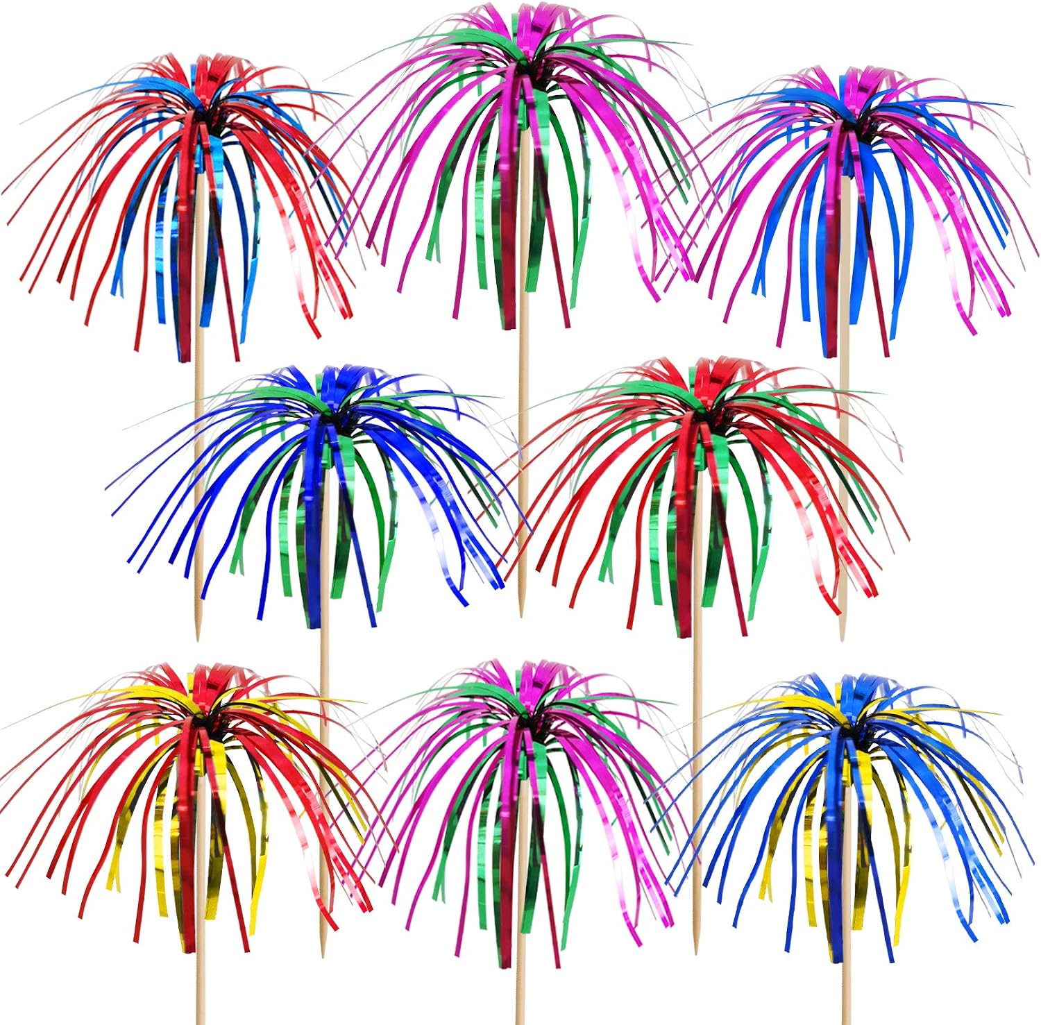 BLUE TOP Cocktail Picks Wood Foil Firework Cake Picks 9 Inch 100 PCS,Cupcake Toppers for Cakes Decoration, Children's Day, Party Suppliers,July 4th,Olymplic Games Celebration Party