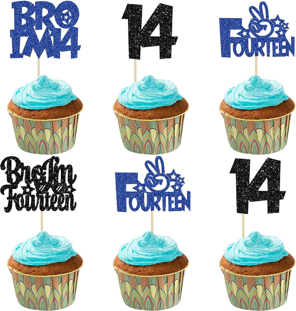 Ephlyn 24Pcs Bro I'm 14 Cupcake Toppers Glitter Boy 14th Birthday Cupcake Pick Decorations for Cheers to Fourteen Years Old Big Brother 14th Birthday Party Supplies