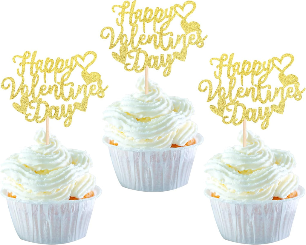 24 Pack Happy Valentine's Day Cupcake Toppers with Heart Glitter Sweet Love Theme Valentine's Day Cupcake Food Picks Valentine's Day Theme Birthday Party Cake Decorations Supplies Gold