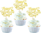 24 Pack Happy Valentine's Day Cupcake Toppers with Heart Glitter Sweet Love Theme Valentine's Day Cupcake Food Picks Valentine's Day Theme Birthday Party Cake Decorations Supplies Gold