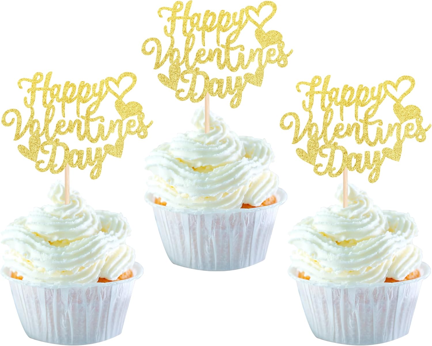 24 Pack Happy Valentine's Day Cupcake Toppers with Heart Glitter Sweet Love Theme Valentine's Day Cupcake Food Picks Valentine's Day Theme Birthday Party Cake Decorations Supplies Gold