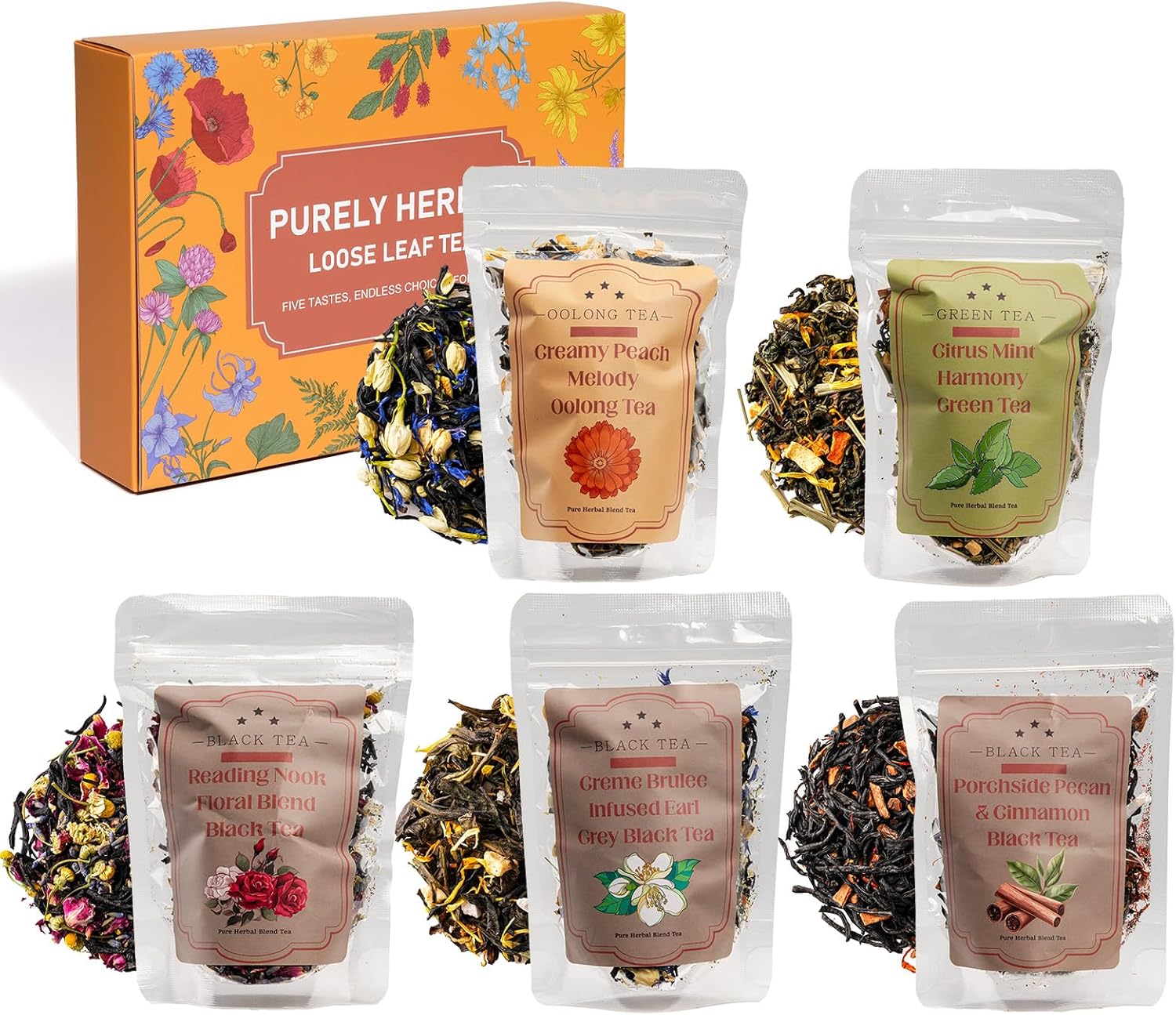 Loose Leaf Tea Sampler Assorted Flavored Tea Gift Set – 5 Natural Blends Relieving Stress & Great Gift For Tea Lovers- Herbal Tea Bags for Freshness, Up to 80 Cups