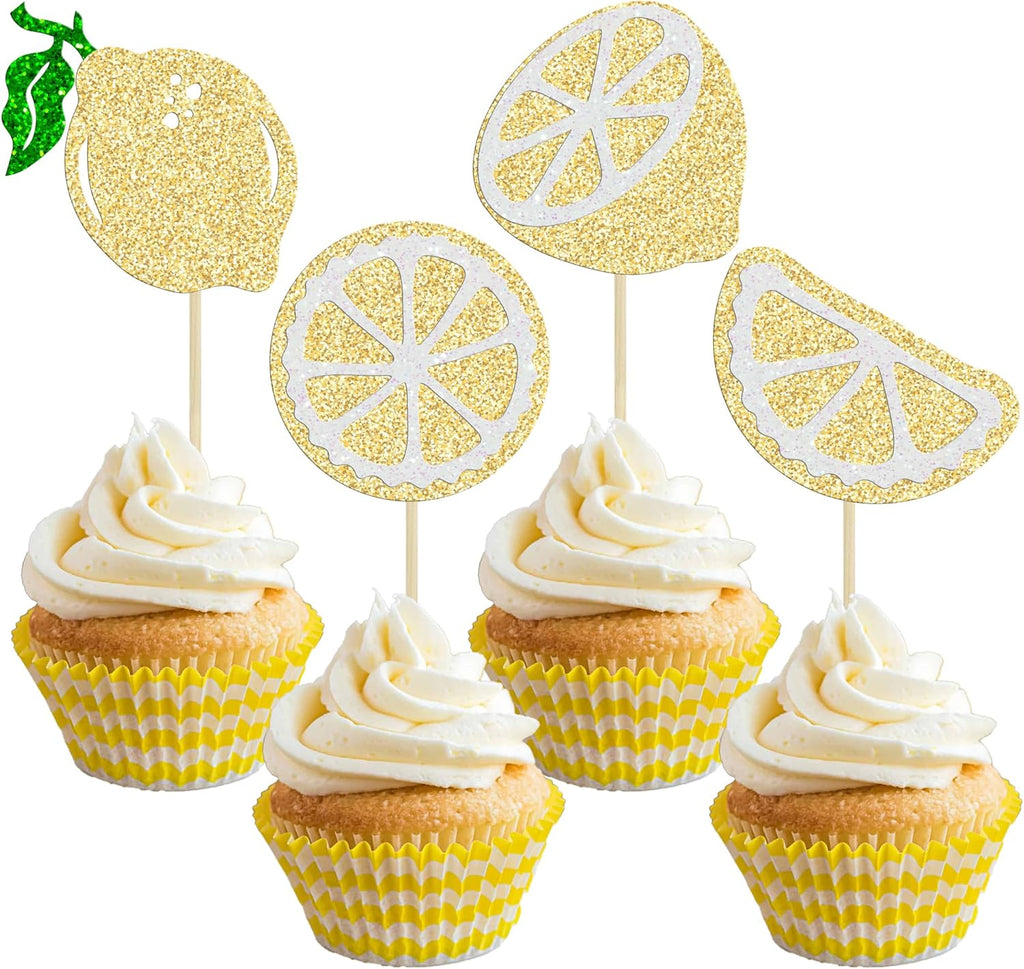 Gyufise 24Pcs Lemon Cupcake Toppers Glitter Fruit Theme Summer Lemonade Cupcake Picks for Kid Baby Shower Party Decorations Boy Girl Birthday Cake Party Supplies Gold