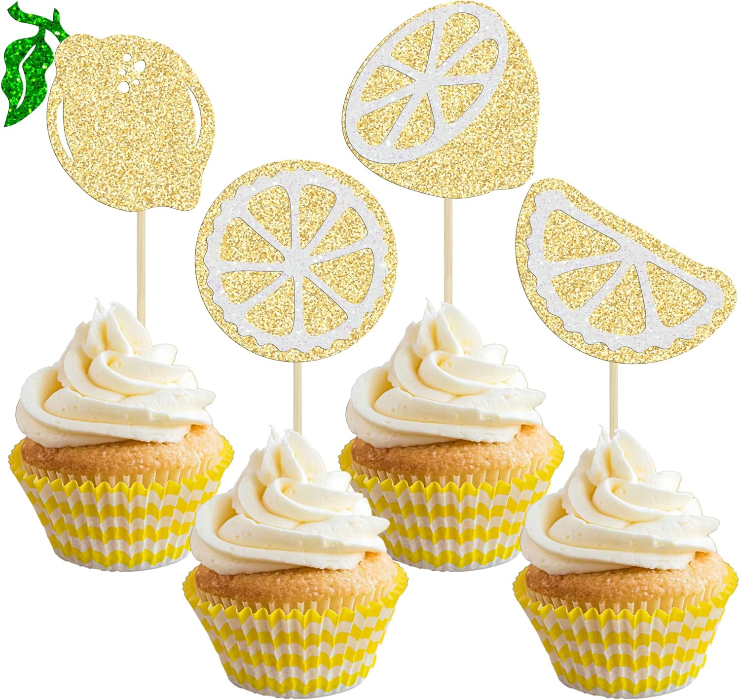 Gyufise 24Pcs Lemon Cupcake Toppers Glitter Fruit Theme Summer Lemonade Cupcake Picks for Kid Baby Shower Party Decorations Boy Girl Birthday Cake Party Supplies Gold