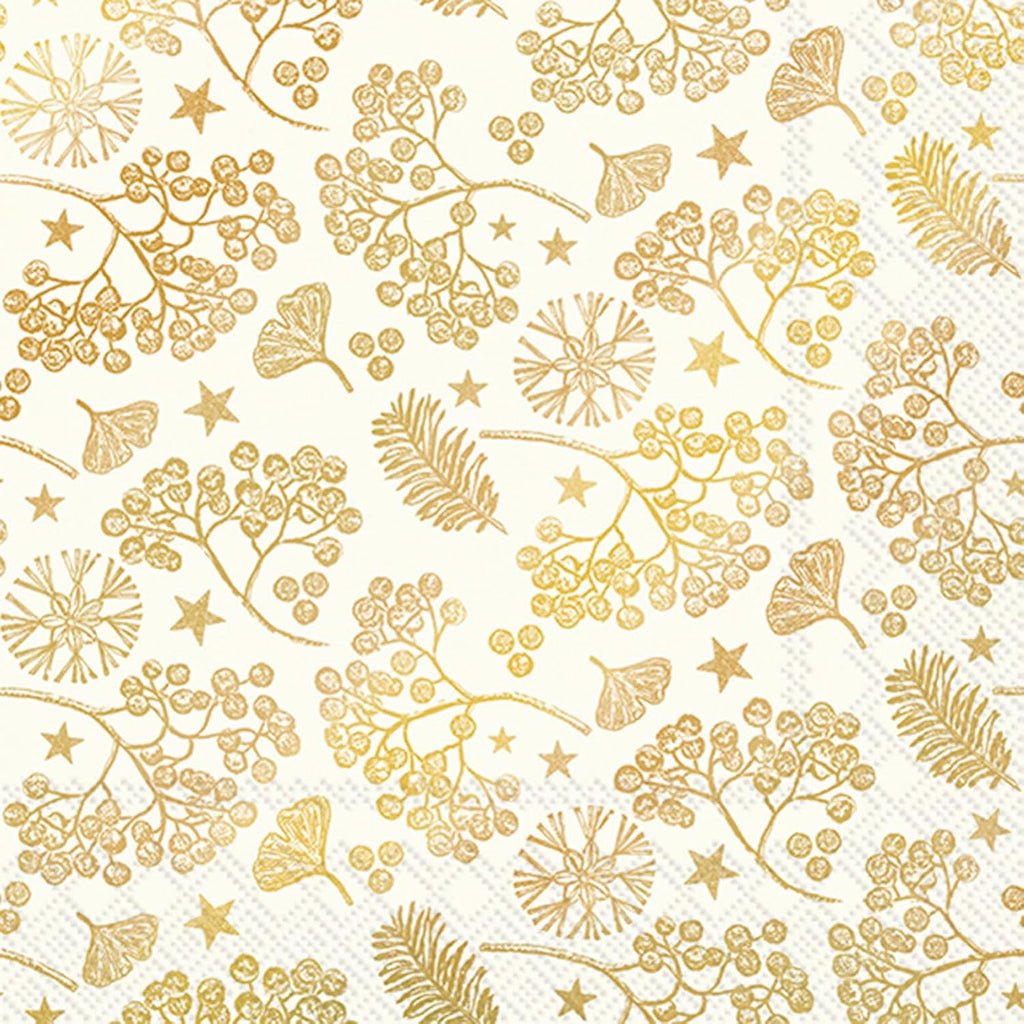 IHR Ideal Home Range Party Napkins Disposable 3-Ply Paper Lunch Napkin Pack, 6.5" x 6.5", Bright Winter Branches (Cream & Gold), 20-Count