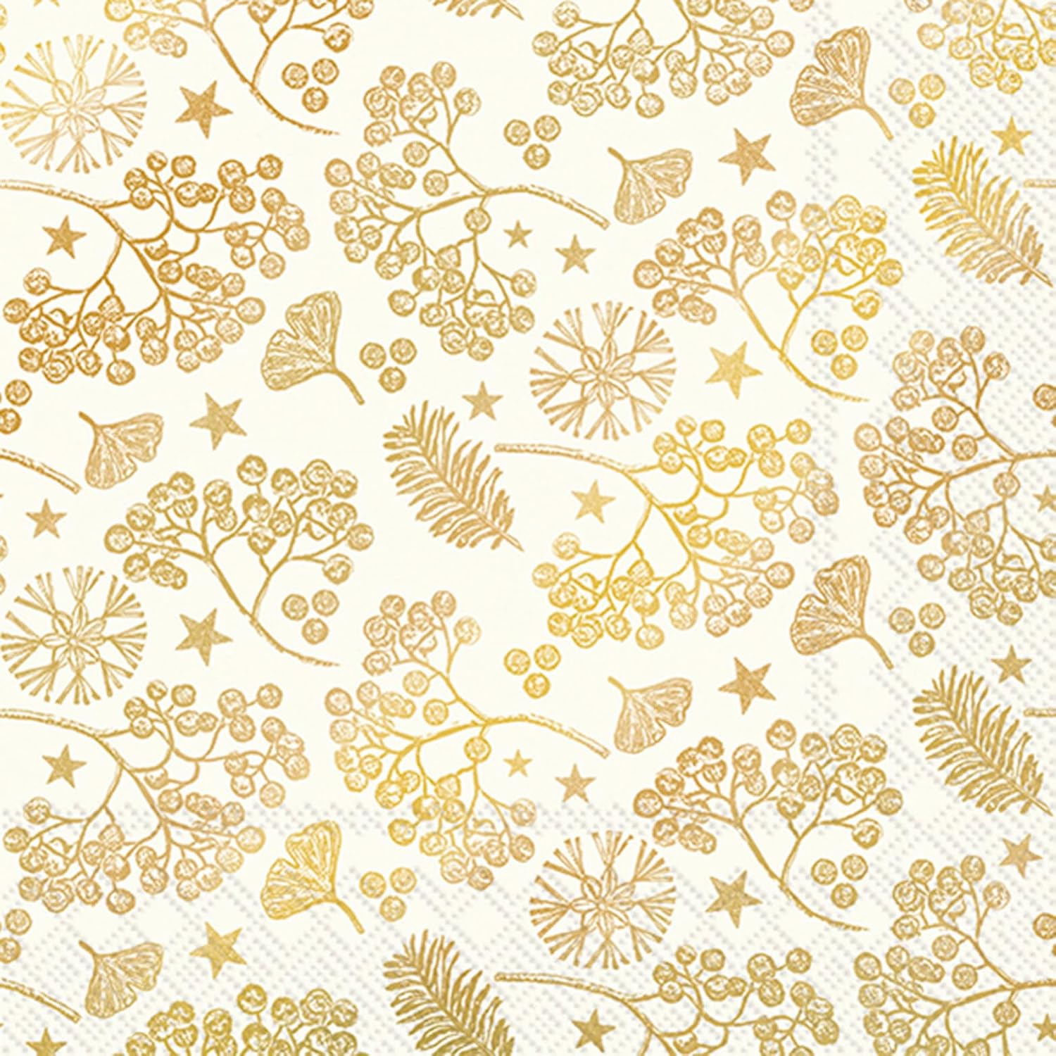 IHR Ideal Home Range Party Napkins Disposable 3-Ply Paper Lunch Napkin Pack, 6.5" x 6.5", Bright Winter Branches (Cream & Gold), 20-Count