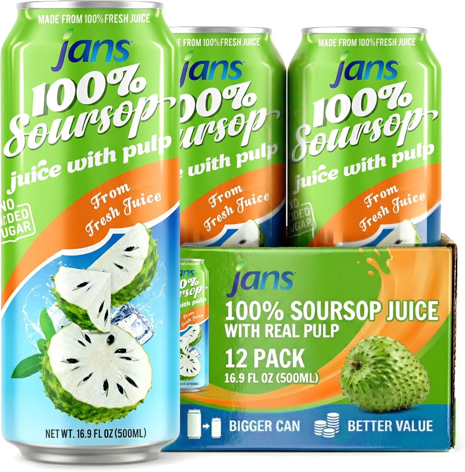 JANS 100% Soursop Juice with Pulp (16.9 oz, Pack of 12) NO Sugar Added, Pure Guanabana Graviola Fresh from Juice, Not From Concentrate