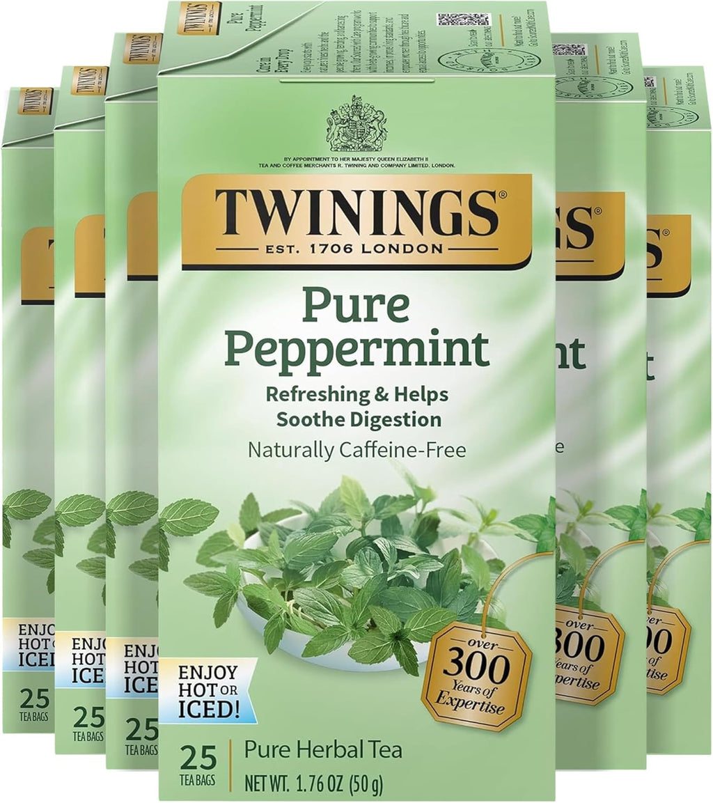 Twinings Pure Peppermint Herbal Tea Individually Wrapped Bags, 25 Count (Pack of 6), Fresh Minty Flavour, Naturally Caffeine-Free, Enjoy Hot or Iced, 150 Teabags