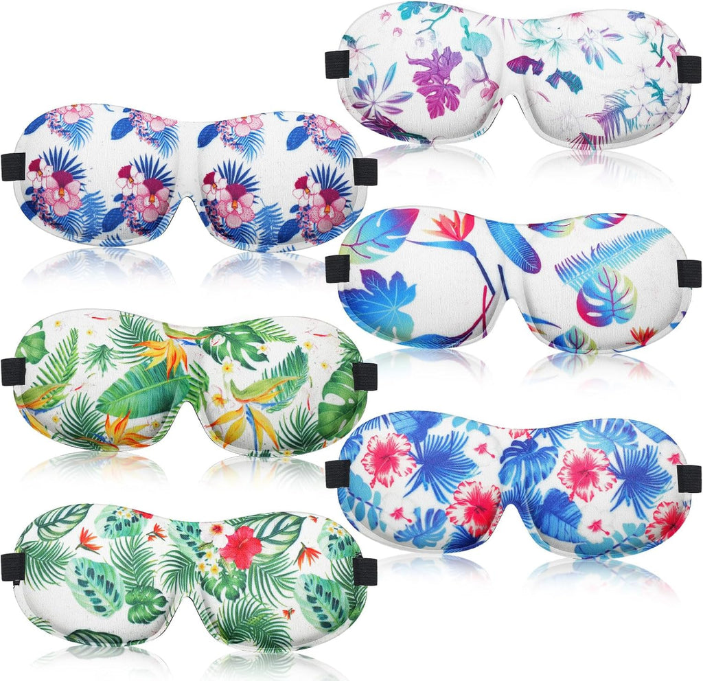 6 Pcs Hawaiian 3D Eye Mask - Contoured Floral Sleep Mask with Adjustable Straps for Women & Men - Blackout Sleeping Travel Nap Gift