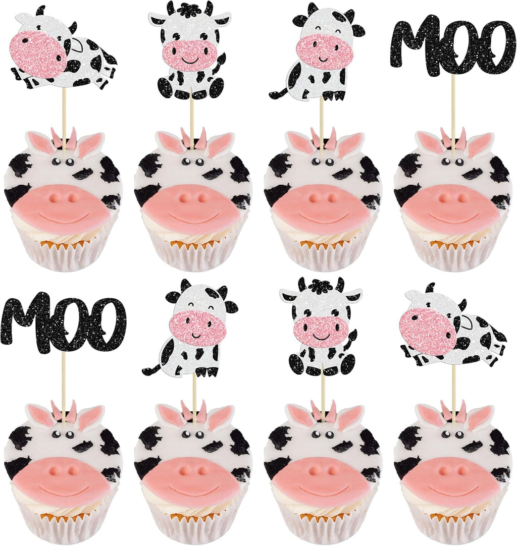 Gyufise 24Pcs Cow Cupcake Toppers Glitter Farm Animals Moo Cupcake Picks Cow Theme Baby Shower Kids Birthday Party Cake Decorations Supplies