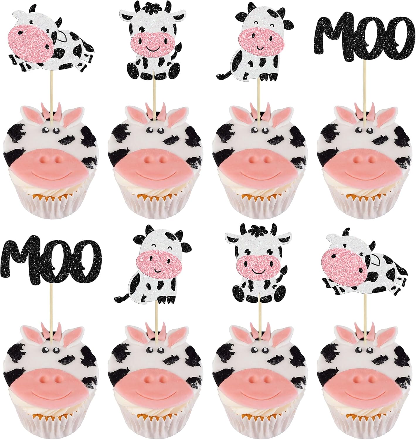 Gyufise 24Pcs Cow Cupcake Toppers Glitter Farm Animals Moo Cupcake Picks Cow Theme Baby Shower Kids Birthday Party Cake Decorations Supplies