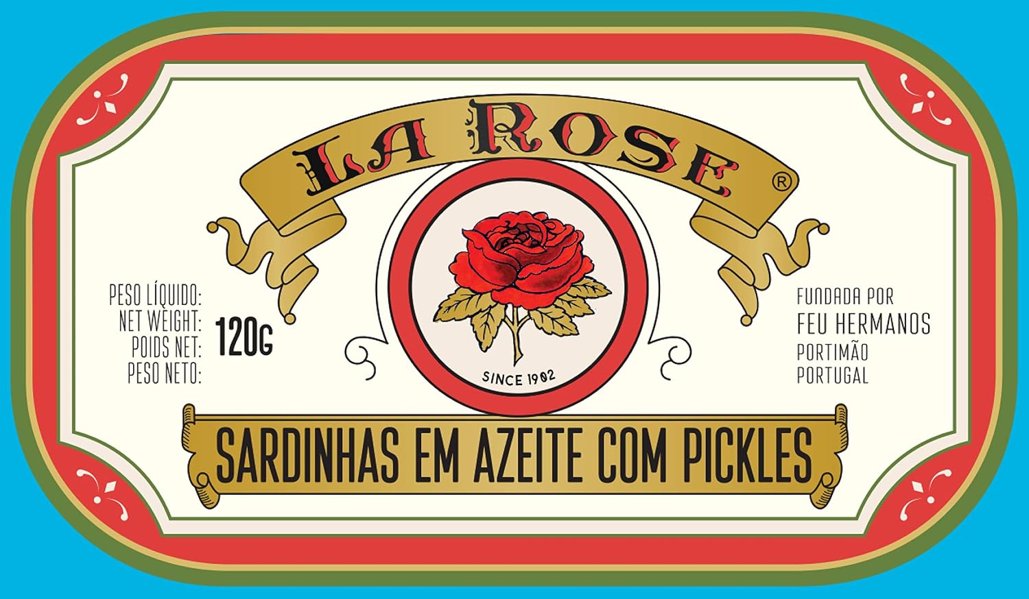 La Rose from Portugal - Gourmet Canned Sardines in Olive Oil with Pickes - 4.23oz / 120gr (Pack of 5 cans)