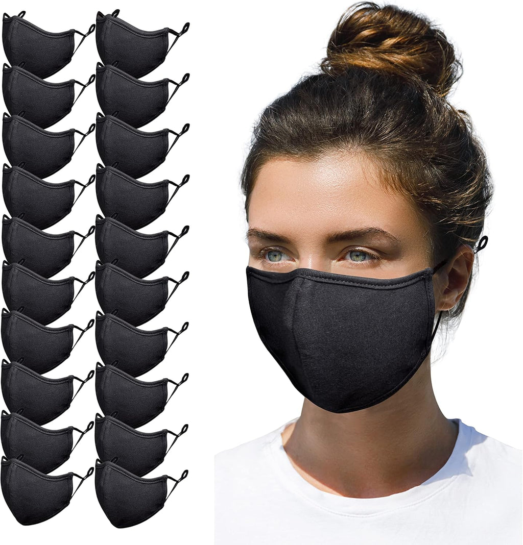 Simlu 20 Pack Premium Fabric Face Mask Reusable with Adjustable Elastic, 2 Layer,Cotton, Breathable, Nose Wire Black Cloth face Mask Washable Fits Men Women and Kids Made In USA…