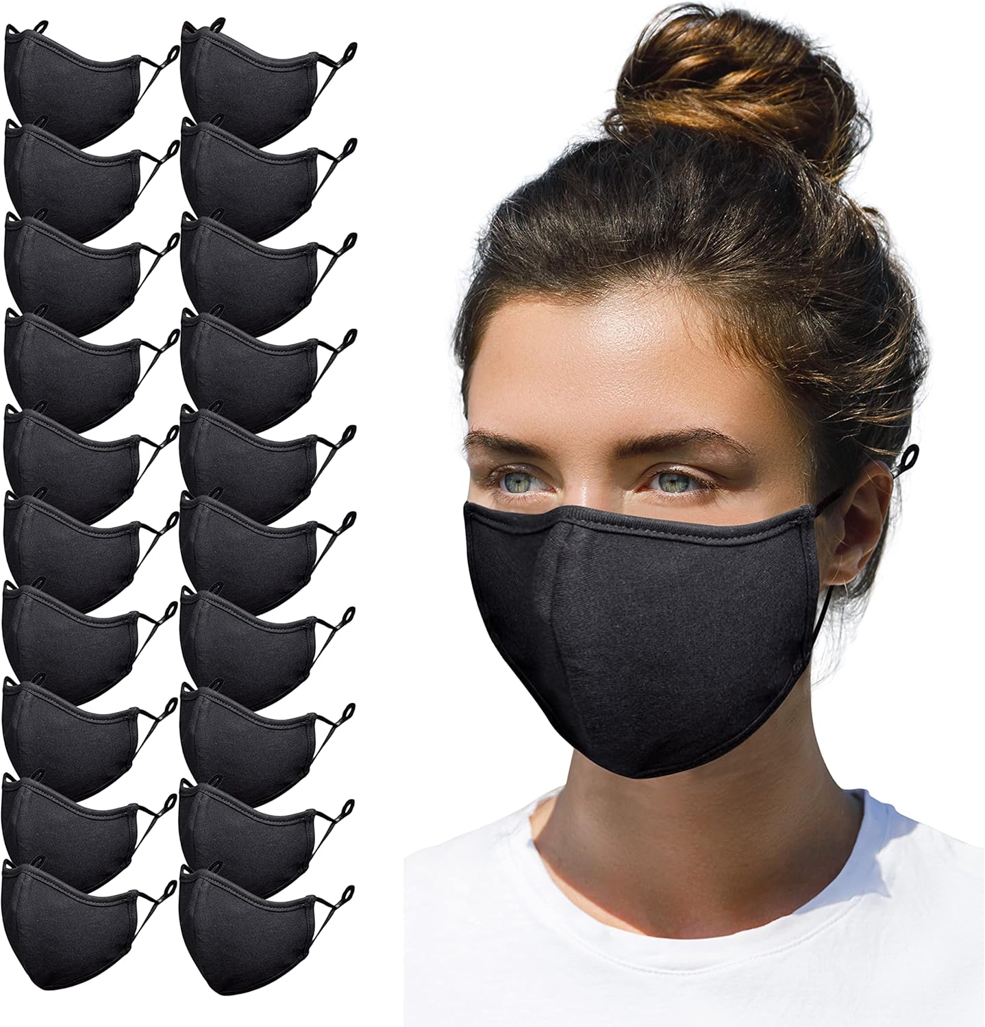 Simlu 20 Pack Premium Fabric Face Mask Reusable with Adjustable Elastic, 2 Layer,Cotton, Breathable, Nose Wire Black Cloth face Mask Washable Fits Men Women and Kids Made In USA…