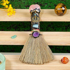 Witch Cinnamon Broom Natural Rose Quartz Magic Broom Love Crystal Witch Broom Reiki Healing Crystal Handmade for Cleansing Bedroom Office Home Decor Gifts