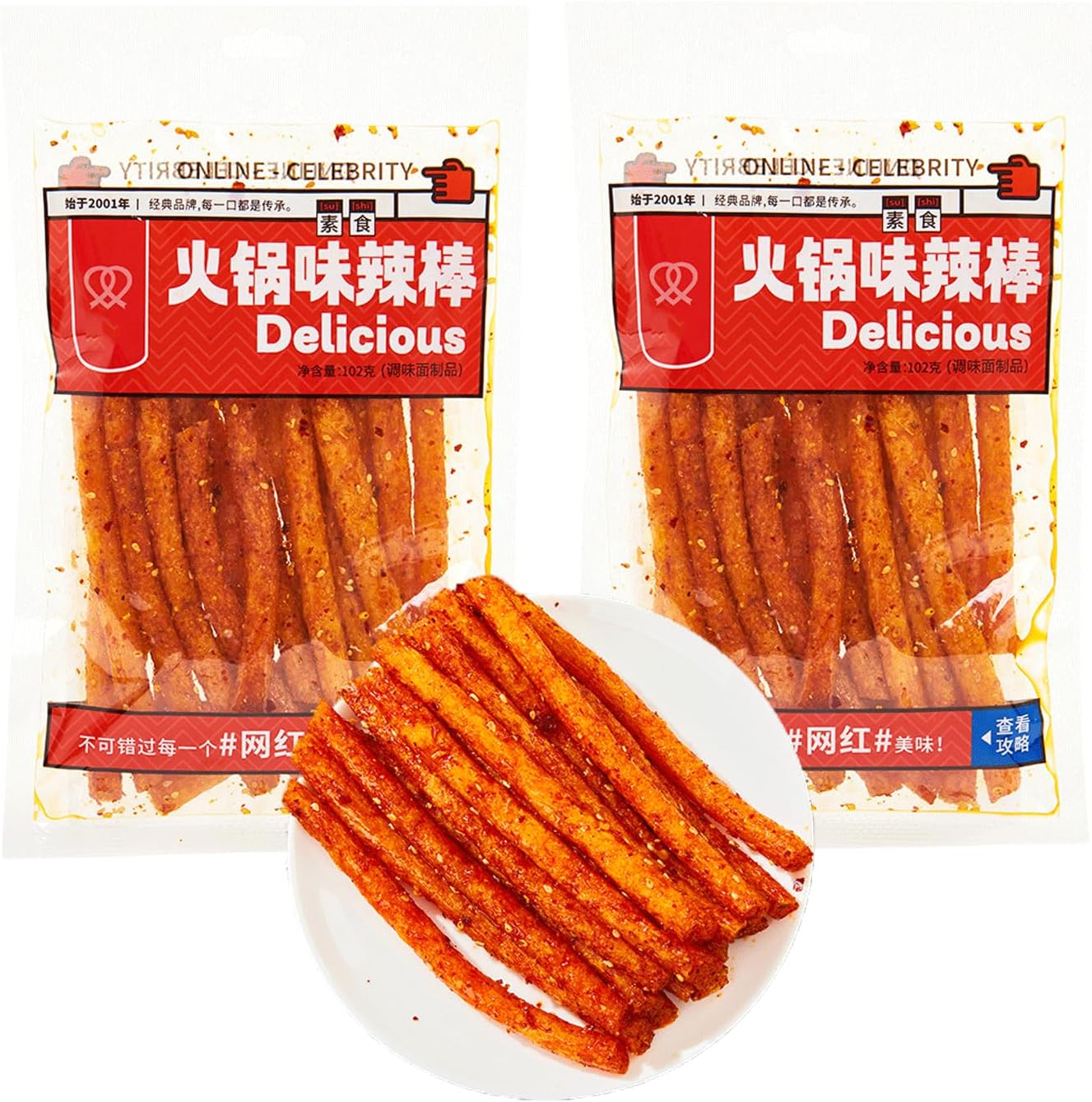 Mkostlich Latiao Spicy Strips, 2 Packs Latio Hot and Spicy, Chinese Spicy Sticks, Spicy Sticks Chinese Snacks, 3.59oz/pack 辣条 (3.59oz*2Pcs, Spicy Sticks)