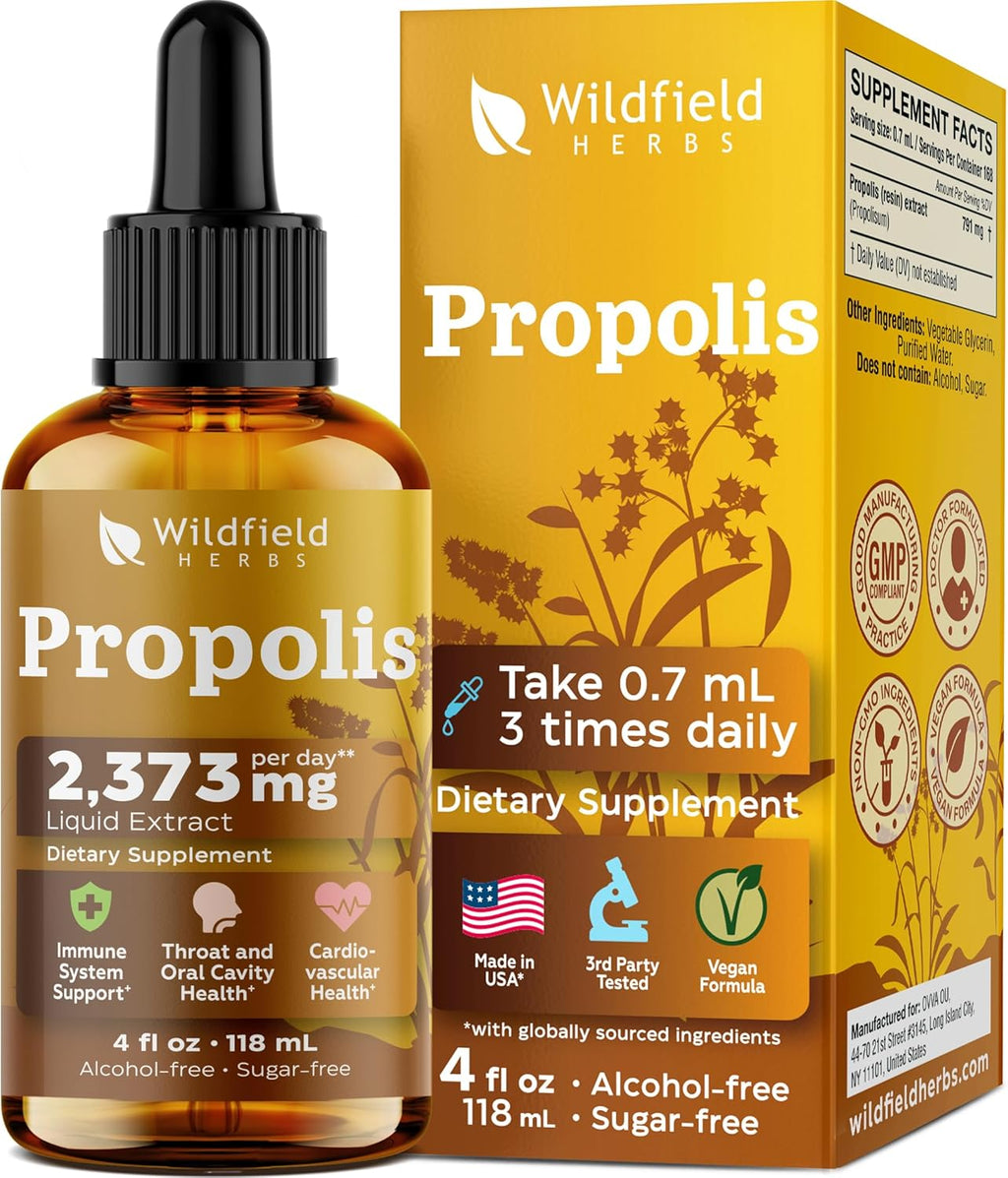 4 Oz Bee Propolis Extract Liquid Drops - Immune Support & Throat Soothing | 2 Month Supply | - Made in USA - Propolis Supplement - Alcohol & Sugar Free