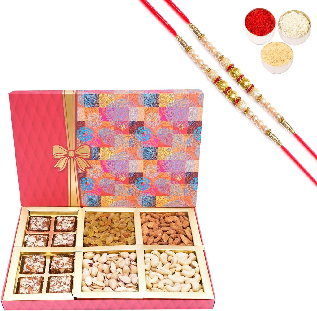 Ghasitaram Gifts Rakhi Gifts for Brothers Dryfruit - Fruit n Nut Box of 4 Dryfruits and Sugarfree Bites with 2 Pearl Rakhis
