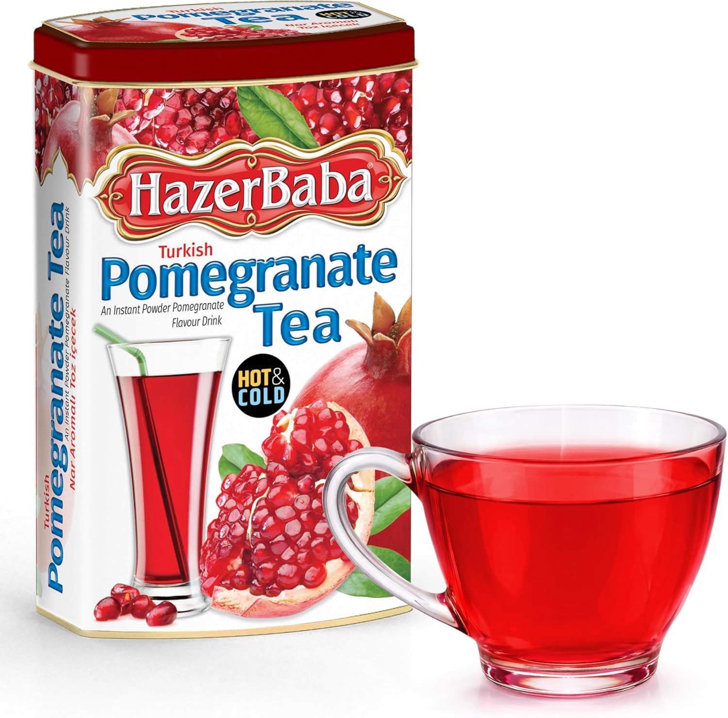 Hazer Baba Instant Drink Mix with Pomegranate Flavor, 8.8oz (Pack of 1), Fruity Natural Powder, Caffeine-Free, Quick Hot or Cold, Water Enhancer, Tin Box, Juice, Vegan, Kosher, Halal