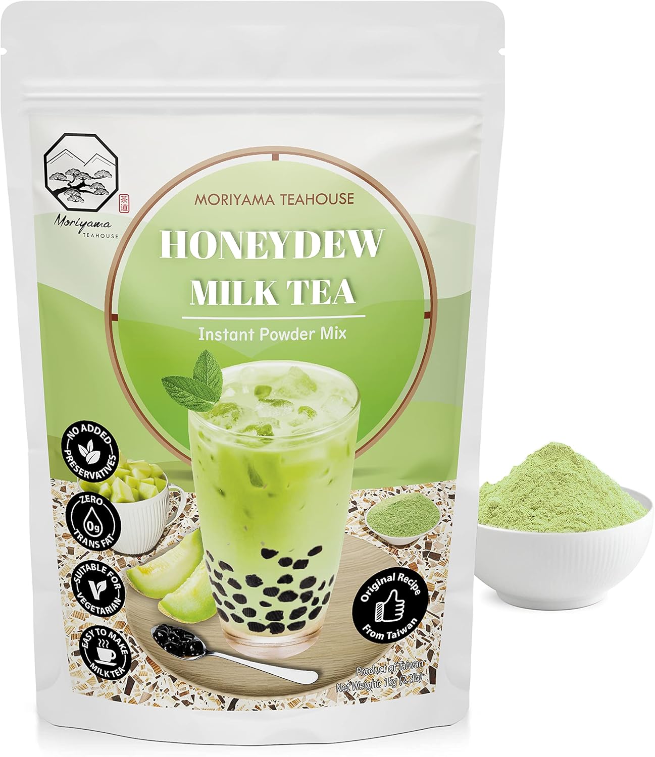 Honeydew Bubble Milk Tea Instant 3in1 Powder Mix -1kg (33 Drinks) | For Boba Tea, Milkshake, Blended Frappe and Bakery | Authentic Taiwan Recipe | Zero Trans Fat, No Preservatives by Moriyama Teahouse