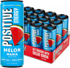 Positive Energy Beverage | Melon Mania | 12-oz Can, Pack of 12 | Zero Sugar Energy Drink, Supports Immunity and Hydration
