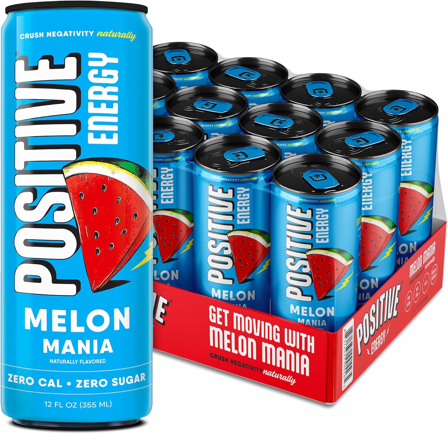 Positive Energy Beverage | Melon Mania | 12-oz Can, Pack of 12 | Zero Sugar Energy Drink, Supports Immunity and Hydration