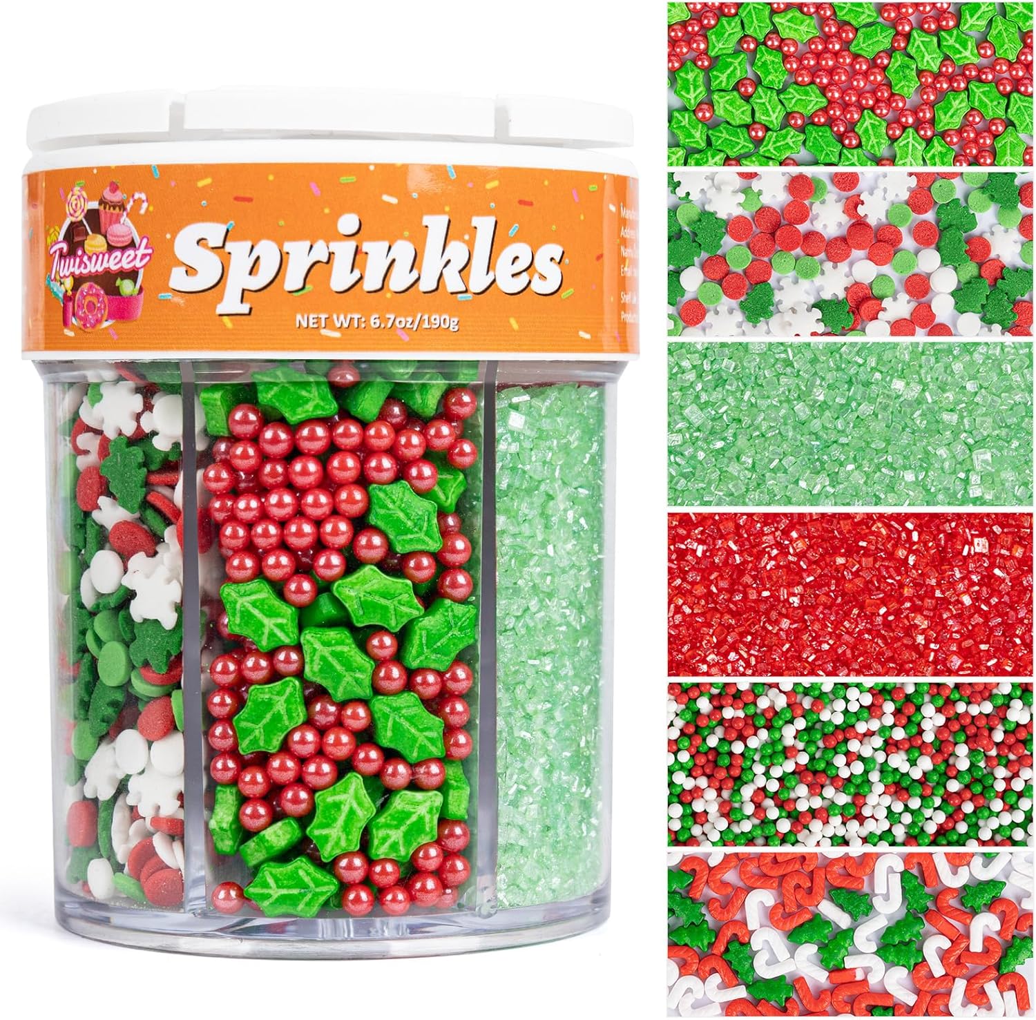 Twisweet Christmas Sprinkles 6 Cell-6.7oz Edible Pearls for Cake Decorating, Red Green Sanding Sugar Sprinkles Xmas Tree Candy Cane Mix, Cupcake Topper Ice Cream Cookie Toppings Cake Decorations, Holiday Christmas Party Supplies