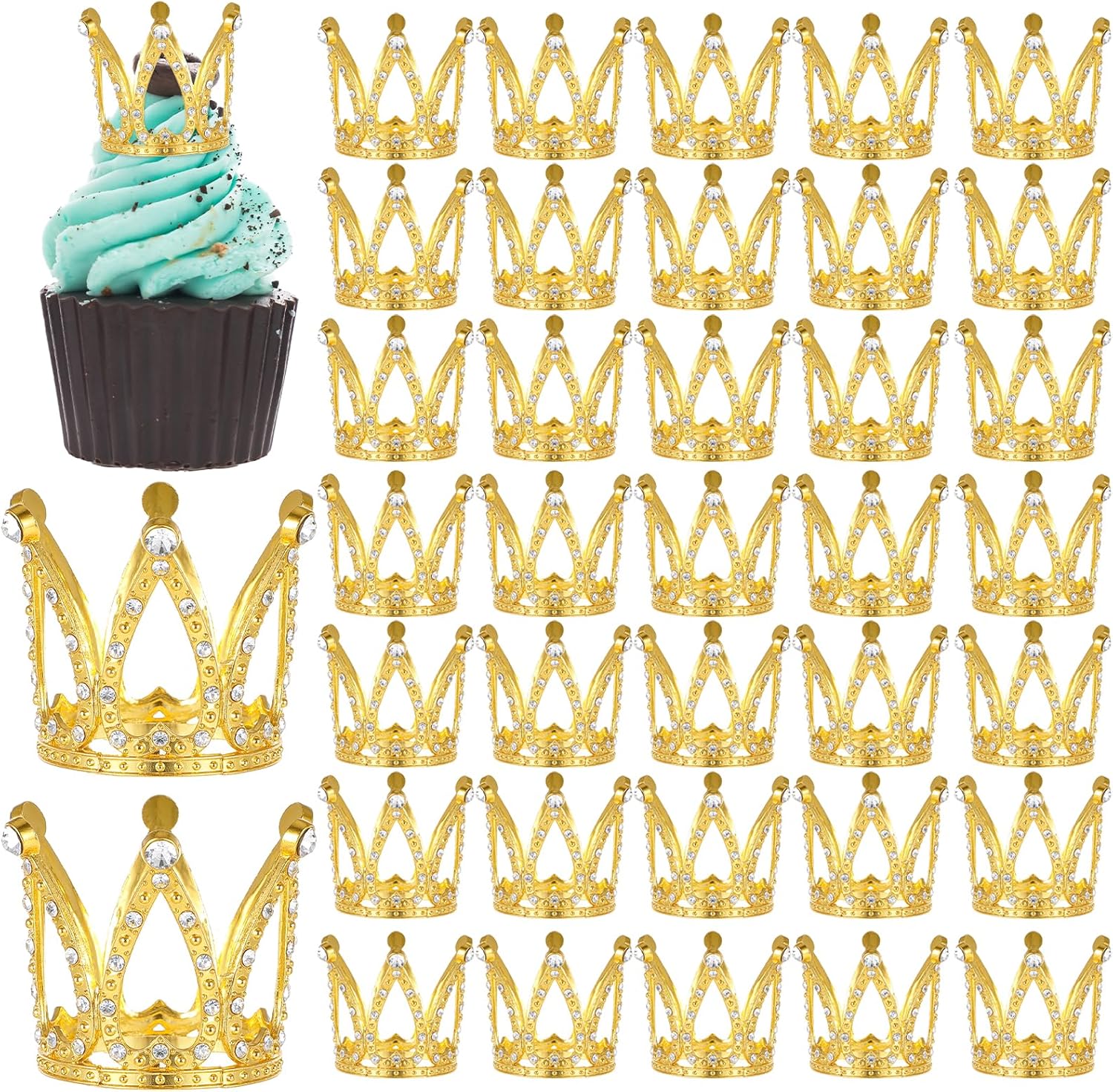 Kifmurase 36PCS Crown Cake Topper, Gold Mini Queen Cup Cake Headpiece, Rhinestone Crystal Tiara Cakes Decoration for Women Bridal Wedding, Royal Themed Baby Shower Birthday Party Cupcake Decor