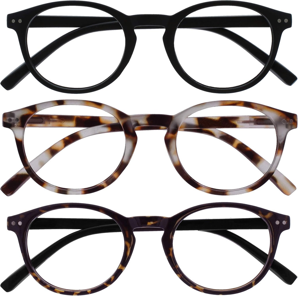 OPULIZE ZEN Reading glasses for Women Men,Scratch Resistant Round frame with Spring Hinges, Black,Light Brown,Dark Brown +2.5 (Pack of 3)