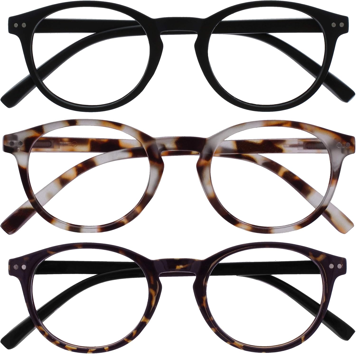 OPULIZE ZEN Reading glasses for Women Men,Scratch Resistant Round frame with Spring Hinges, Black,Light Brown,Dark Brown +2 (Pack of 3)