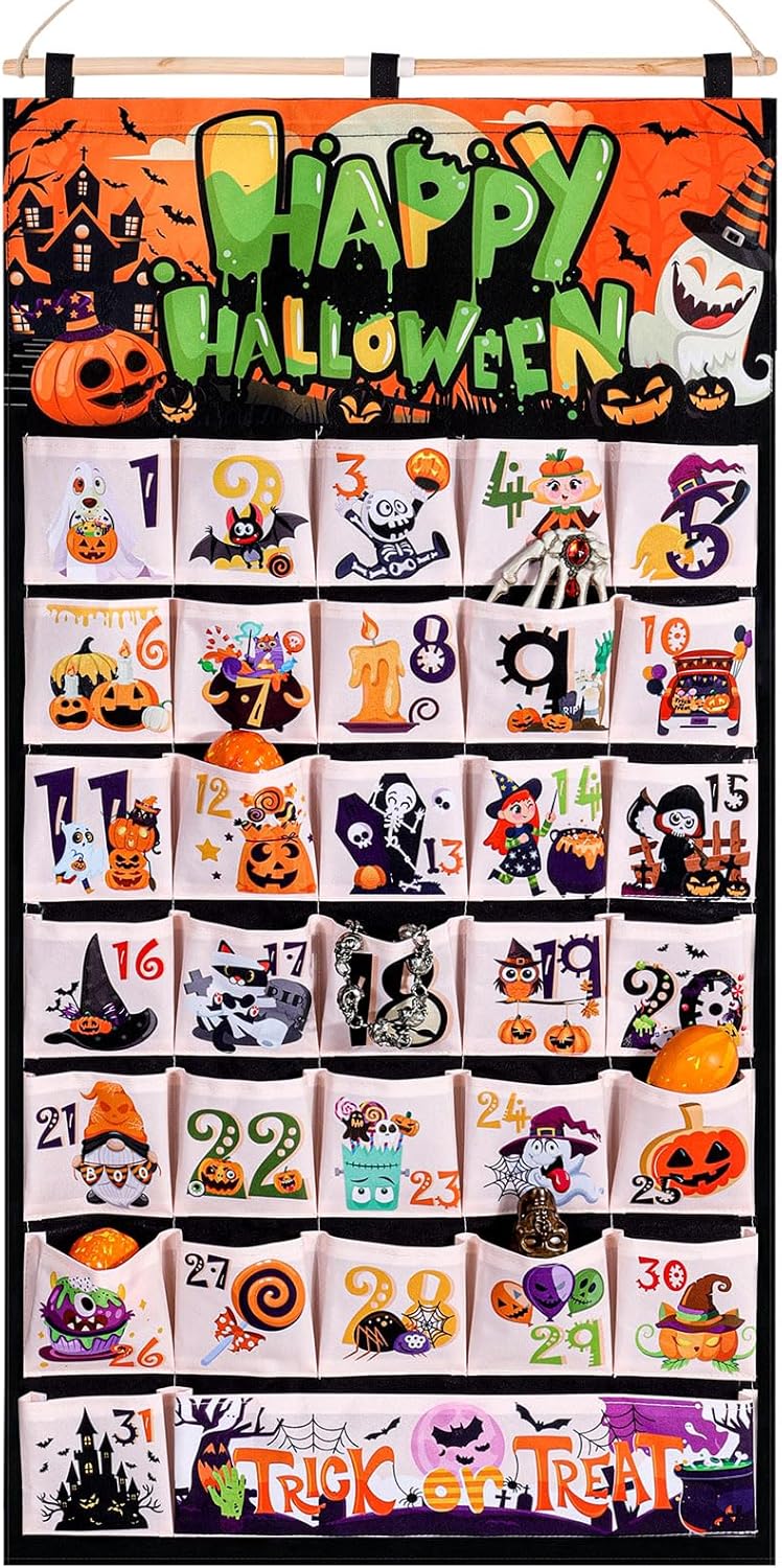 HOWAF Fabric Halloween Advent Calendar (Countdown to Halloween), 31 Days Mystery Happy Halloween Countdown Calendar with 31 Pockets for Halloween Party Holiday Home Wall Decoration