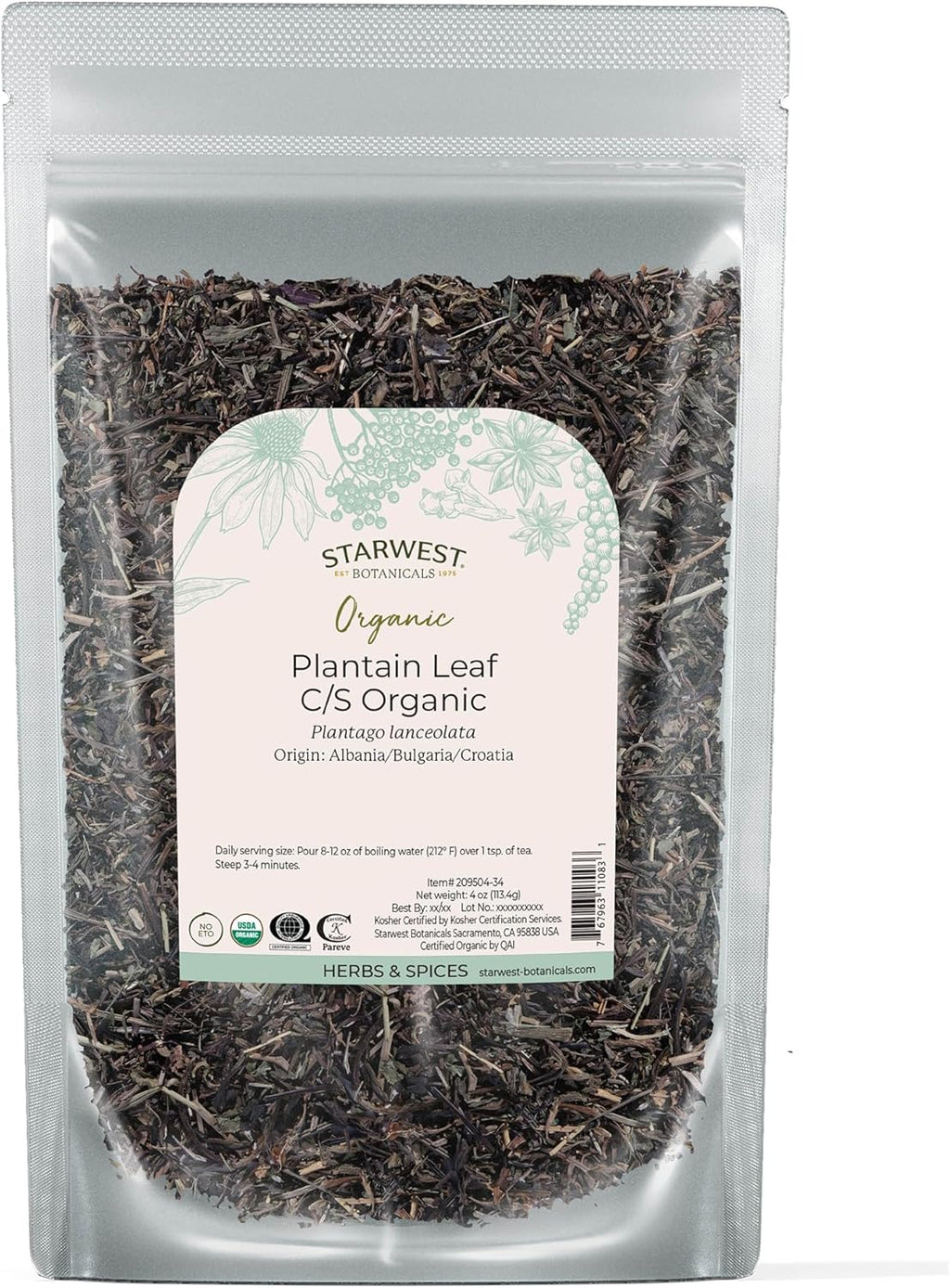 Starwest Botanicals Organic Plantain Leaf - Natural Loose Leaf Herbal Tea, Dried Plantain Herb, Cut & Sifted, Certified Kosher, Non-GMO - 4 oz Bag