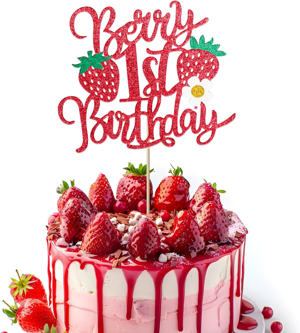 1pcs Berry 1st Birthday Cake Topper Flower Glitter Strawberry Theme 1st Birthday Cake Pick for Sweet Fruit Theme Baby Shower First Birthday Party Cake Decorations Supplies
