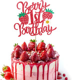 1pcs Berry 1st Birthday Cake Topper Flower Glitter Strawberry Theme 1st Birthday Cake Pick for Sweet Fruit Theme Baby Shower First Birthday Party Cake Decorations Supplies