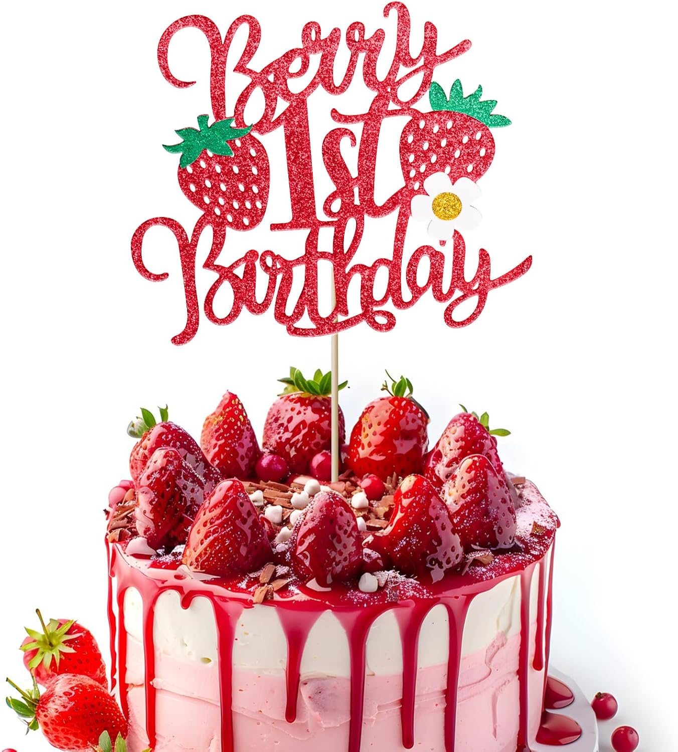 1pcs Berry 1st Birthday Cake Topper Flower Glitter Strawberry Theme 1st Birthday Cake Pick for Sweet Fruit Theme Baby Shower First Birthday Party Cake Decorations Supplies