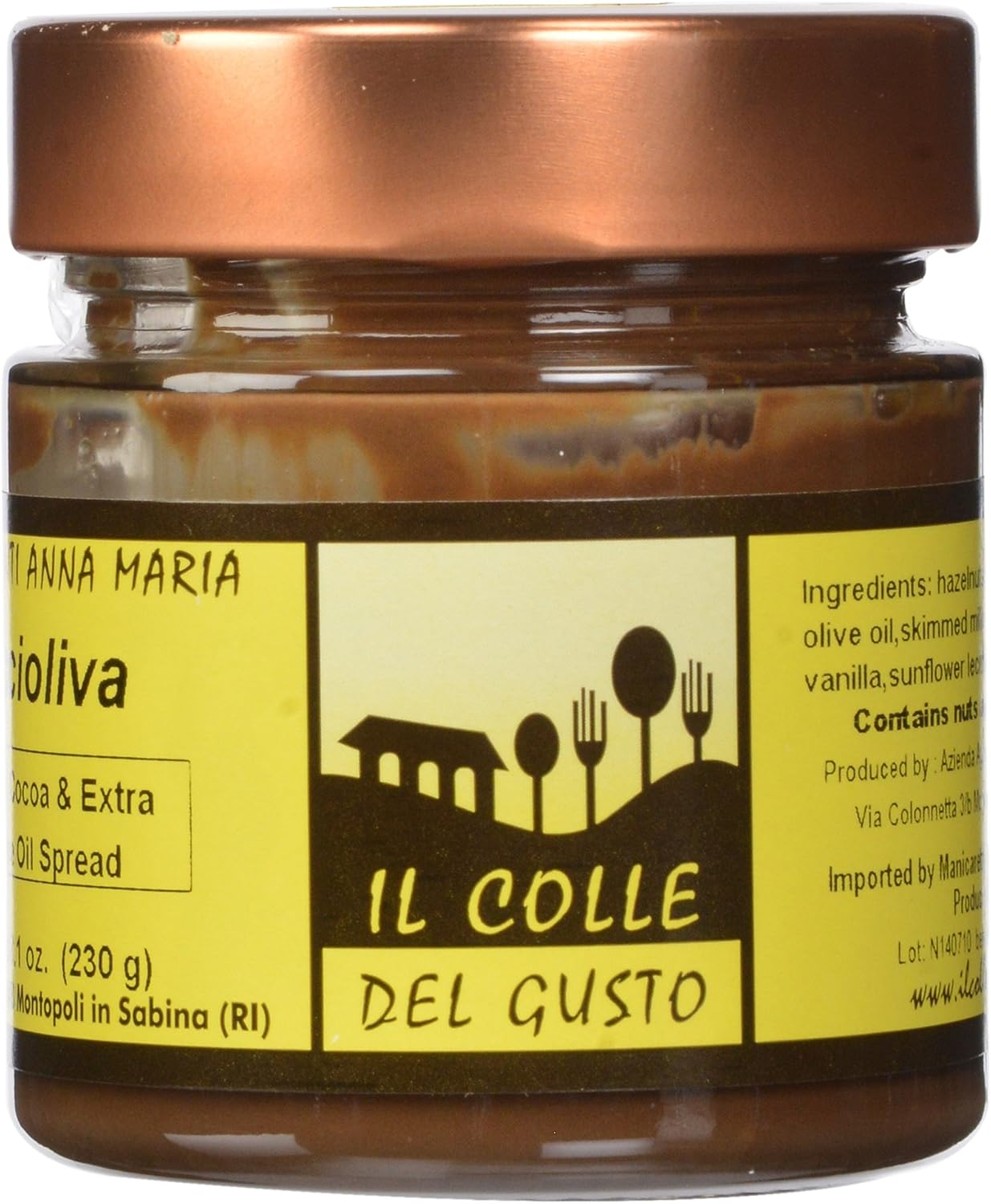 Il Colle Del Gusto Smooth Hazelnut Chocolate Spread with Extra Virgin Olive Oil, Noccioliva, 8.1 Ounce