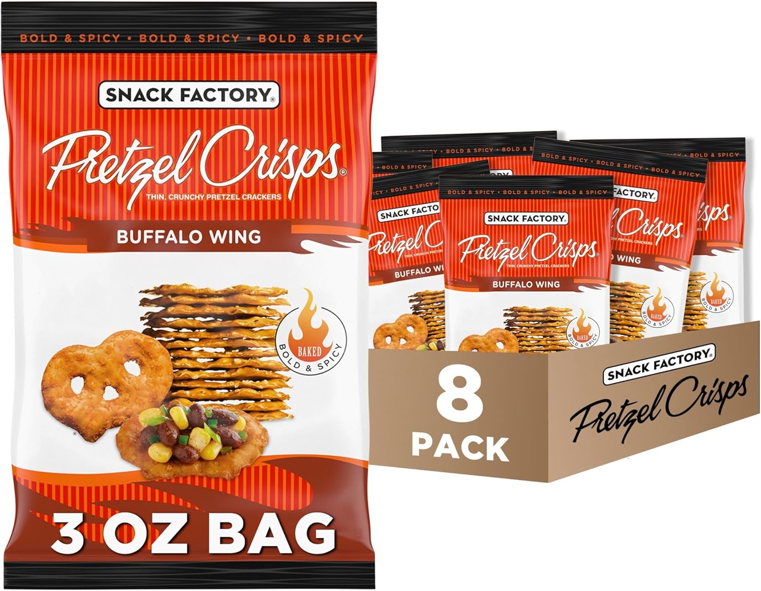 Snack Factory Pretzel Crisps, Buffalo Wing, On-the-Go Bag, 3 Oz (Pack of 8)