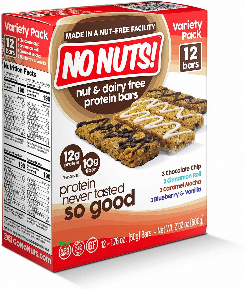 No Nuts! Protein Bar Variety Pack – 12 Count | Nut-Free & School-Safe | Chocolate Chip, Caramel Mocha, Cinnamon Roll & Blueberry Vanilla | Dairy-Free, Vegan, Non-GMO, Organic, Kosher