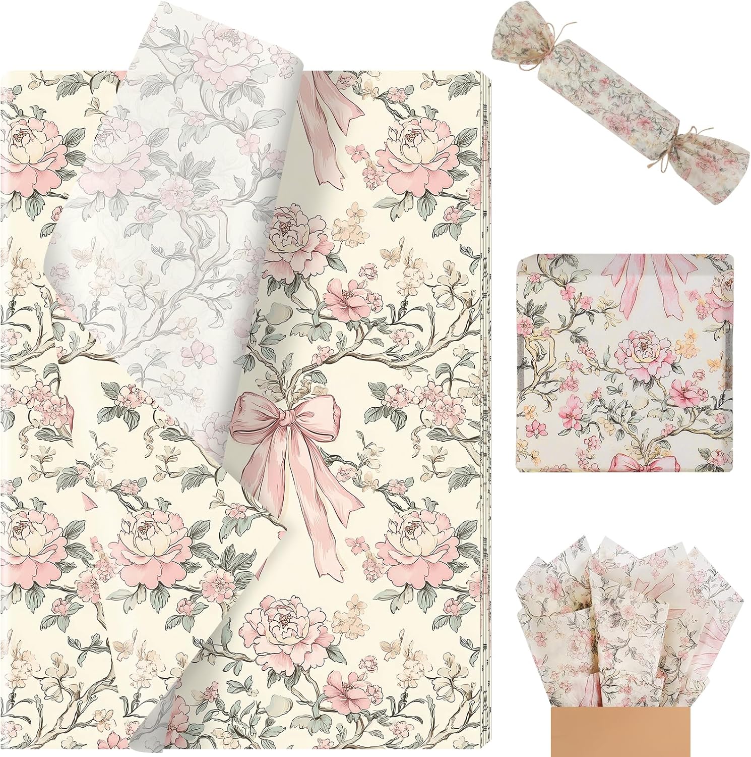 100 Sheets Pink Bow and Flower Tissue Paper, Coquette Vintage Floral Pink Bows Gift Wrapping Paper for Valentine Girly Birthday Wedding Baby Shower Holiday Party Supplies, 13.8 x 19.7 Inch