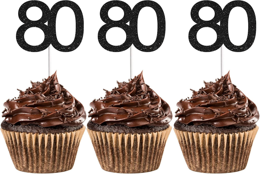 24 PCS 80th Cupcake Toppers - Anniversary or Birthday Cupcake Picks Party Decoration Supplies | Black 80th