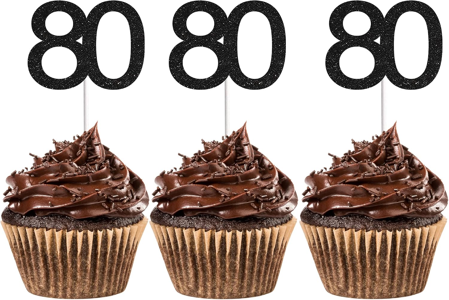 24 PCS 80th Cupcake Toppers - Anniversary or Birthday Cupcake Picks Party Decoration Supplies | Black 80th