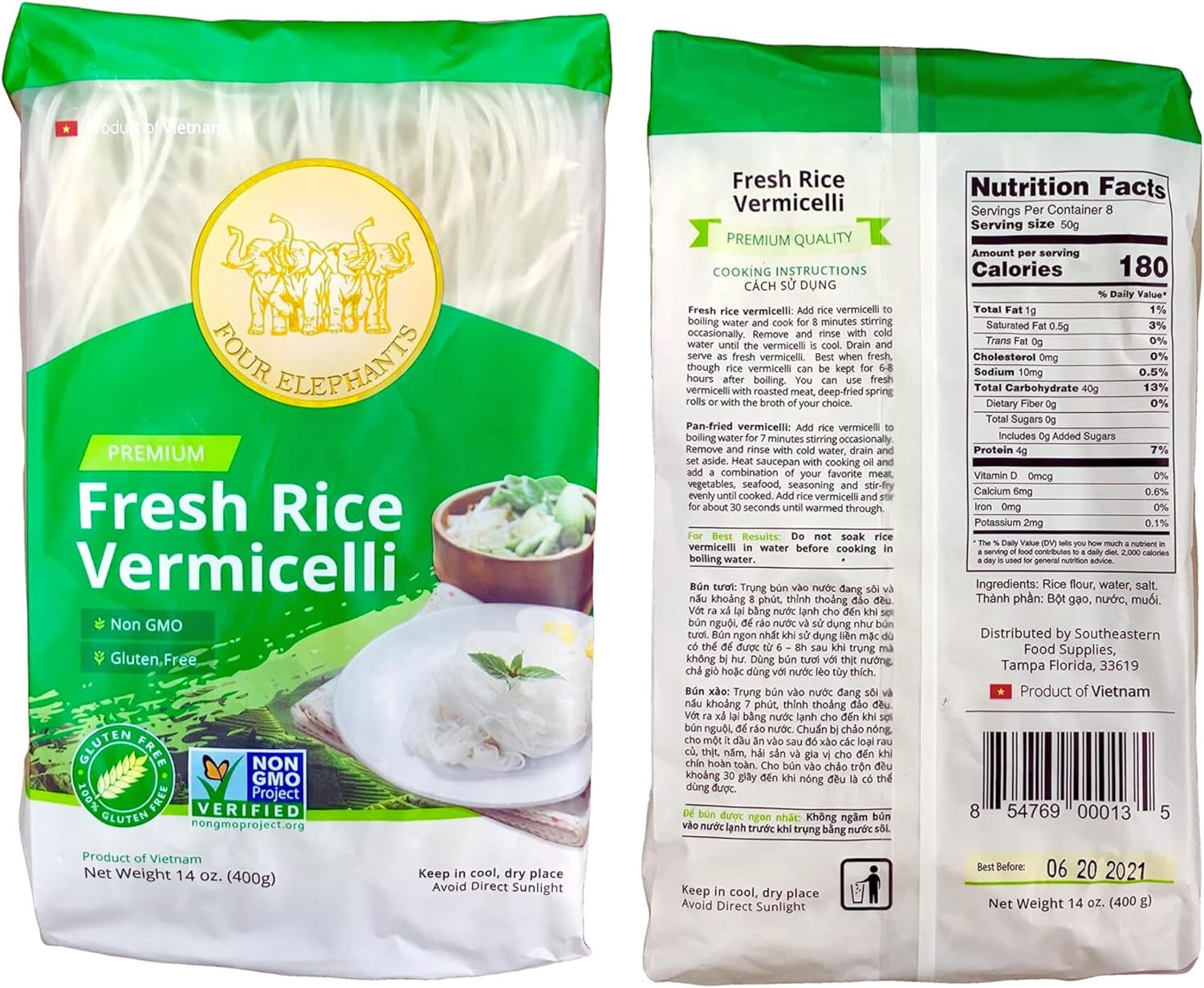 Rice Vermicelli Noodles (Authentic) | 2.6 lbs | Pack of 3 | Tasty For Ramen Noodles, Vietnamese Rice Noodles & Spring Rolls | Non-GMO & Gluten-Free | Four Elephants Brand
