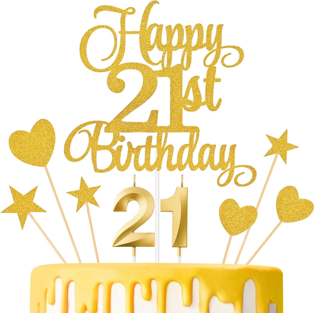 21st Birthday Cake Toppers, 21st Birthday Candles Numeral Candles and Glitter Cake Decorations Toppers Set for Party Supplies (Gold)